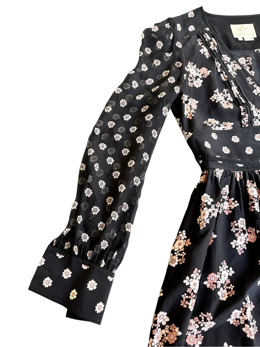 Kate Spade New York 100% Silk Black Floral Midi Dress Tassel Tie Size 0
